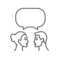 Man and woman chatting with speech bubble. Vector thin line icon of a conversation between 2 persons. Networking, debating,