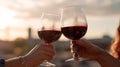 Man and woman cheers red wine glasses close-up. Generative AI. Royalty Free Stock Photo