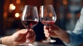 Man and woman cheers red wine glasses close-up. Generative AI. Royalty Free Stock Photo