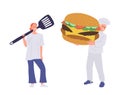 Man and woman chef team cartoon characters preparing giant american burger isolated on white