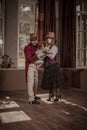 A man, a woman and a child, dressed in steampunk style clothes Royalty Free Stock Photo