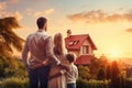 A man, woman, and child stand together in front of their home, creating a loving family portrait, Young family looking at their