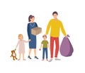 Man, woman and children carrying bag and box with old items and clothes to donate it to charity organization. Voluntary