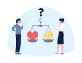 Man and woman choose between love and money. Business woman thinking, red heart and golden coin on scales. Vector Royalty Free Stock Photo