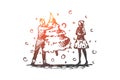 Man, woman, Christmas, tree, holiday concept. Hand drawn isolated vector.