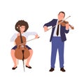 Man and woman classical musician cartoon characters playing violin and contrabass string instrument Royalty Free Stock Photo