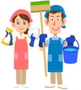 Man and woman with cleaning tools and aprons