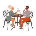 Man and Woman Coffee Lover Sitting at Cafe Table Drinking Hot Aromatic Beverage Vector Illustration