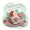 Man and Woman Coffee Lover Sitting on Huge Saucer with Cup and Drinking Hot Aromatic Beverage Vector Illustration