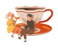 Man and Woman Coffee Lover Sitting on Huge Saucer with Cup and Drinking Hot Aromatic Beverage Vector Illustration