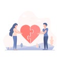 Man and Woman collect the puzzle heart, Flat design vector illustration