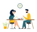 A man and a woman are conducting business negotiations or an interview. Vector isolate in cartoon flat style. White background. Bu