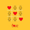 Man Woman contour line icon Tic tac toe game. Three red heart sign Love Yellow background Flat design