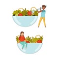 Man and woman cooking vegetable salad. Healthy lifestyle, vegetarian diet cartoon vector illustration Royalty Free Stock Photo