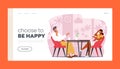 Man and Woman Couple in Coffee House Landing Page Template. People Visit Cafe Sit at Table Drink Beverage in Restaurant