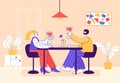 Man and woman couple having romantic dinner in restaurant. Cartoon couple spending time together in cafe Royalty Free Stock Photo
