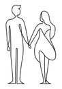 Man and woman couple hold hand stand in one continuous line hand drawn style for Valentine\'s Day.vector illustration