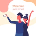 Man woman couple holding smartphone taking selfie standing together photo male female cartoon character flat horizontal