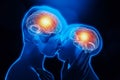 Man and woman couple kissing body chemistry. Brain activity in the limbic system. Love, emotion, interaction, partnership,