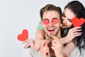 Man and woman couple in love hold red heart valentines cards white background. Valentines day concept. Valentines day Royalty Free Stock Photo