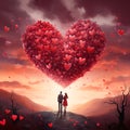 Man and woman couple in love on top of a mountain in the sky. Large heart of tiny red hearts, sunset. Heart as a symb Royalty Free Stock Photo