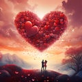 Man and woman couple in love on top of a mountain in the sky. Large heart of tiny red hearts, sunset. Heart as a symb Royalty Free Stock Photo