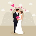 Man woman couple married see eyes wedding dress love heart flower bucket in hand flat vector drawing illustration