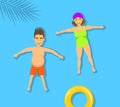Man and woman, couple relaxing floating, swimming on a back in beach pool