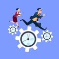 Man woman couple running on clock cogwheels over blue background gear deadline process strategy concept flat Royalty Free Stock Photo