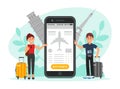 Man and Woman Couple Traveler with Suitcase Near Smartphone App Buying Plane Tickets Engaged in Tourism Vector