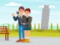 Man and Woman Couple Traveler Taking Selfie at Leaning Tower of Pisa Engaged in Tourism Vector Illustration Royalty Free Stock Photo