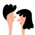 Man woman. Cute cartoon funny character. Kissing couple. Smooch kiss. Red lips. Profile face. Black hair. Happy Valentines Day. Royalty Free Stock Photo