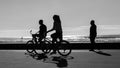 Man Woman Cycling Silhouetted Beach Ocean