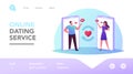 Man and Woman Dating Online Landing Page Template. Characters on Huge Smartphone Screens Send Air Kisses to Each Other Royalty Free Stock Photo