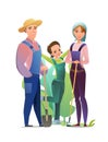 Man and woman and daughter villager farmer in overalls. Agricultural worker. Cheerful person. Standing pose. Cartoon