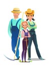 Man and woman and daughter villager farmer in overalls. Agricultural worker. Cheerful person. Standing pose. Cartoon