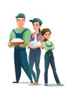 Man and woman and daughter villager farmer in overalls. Agricultural worker. Cheerful person. Standing pose. Cartoon