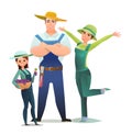 Man and woman and daughter villager farmer in overalls. Agricultural worker. Cheerful person. Standing pose. Cartoon
