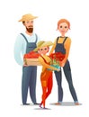 Man and woman and daughter villager farmer in overalls. Agricultural worker. Cheerful person. Standing pose. Cartoon