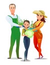 Man and woman and daughter villager farmer in overalls. Agricultural worker. Cheerful person. Standing pose. Cartoon