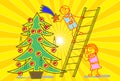 Man and woman are decorating the Christmas tree - concept illustration Royalty Free Stock Photo