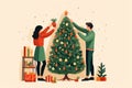 Man and woman decorating a Christmas tree, drawing in the style of vector illustration Royalty Free Stock Photo