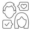 Man and woman, dialogue with heart, sincere conversation thin line icon, date concept, talk vector sign on white