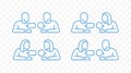 Outline person and communication concept icons set. Man and woman dialogue and speech or talk bubble vector icons collection