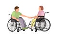 A man and a woman with disabilities in wheelchairs hold hands. Socialization, active life of disabled people. Injured human Royalty Free Stock Photo