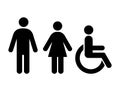 Man, woman, disabled toilet icons. Vector restroom signs. Black silhouettes of people isolated on white