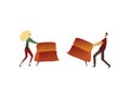 Man and a woman divide the sofa in half. Vector illustration on white background.