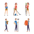 Man and Woman Doing Domestic Chores and Cleanup Vector Set