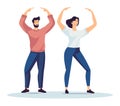 Man and woman doing morning fitness exercise, wearing casual workout gear, showing positive energy. Couple practicing