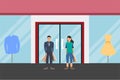 Man and woman doing shopping, flat character vector design. Couple with shopping bags in their hand in front of a store vector. Royalty Free Stock Photo